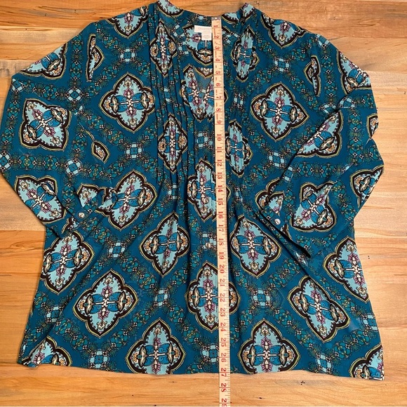 Charter Club XL-Petite Teal Paisley Blouse V-Neck Pin Tuck Pleats 3/4 sl… - Picture 5 of 14